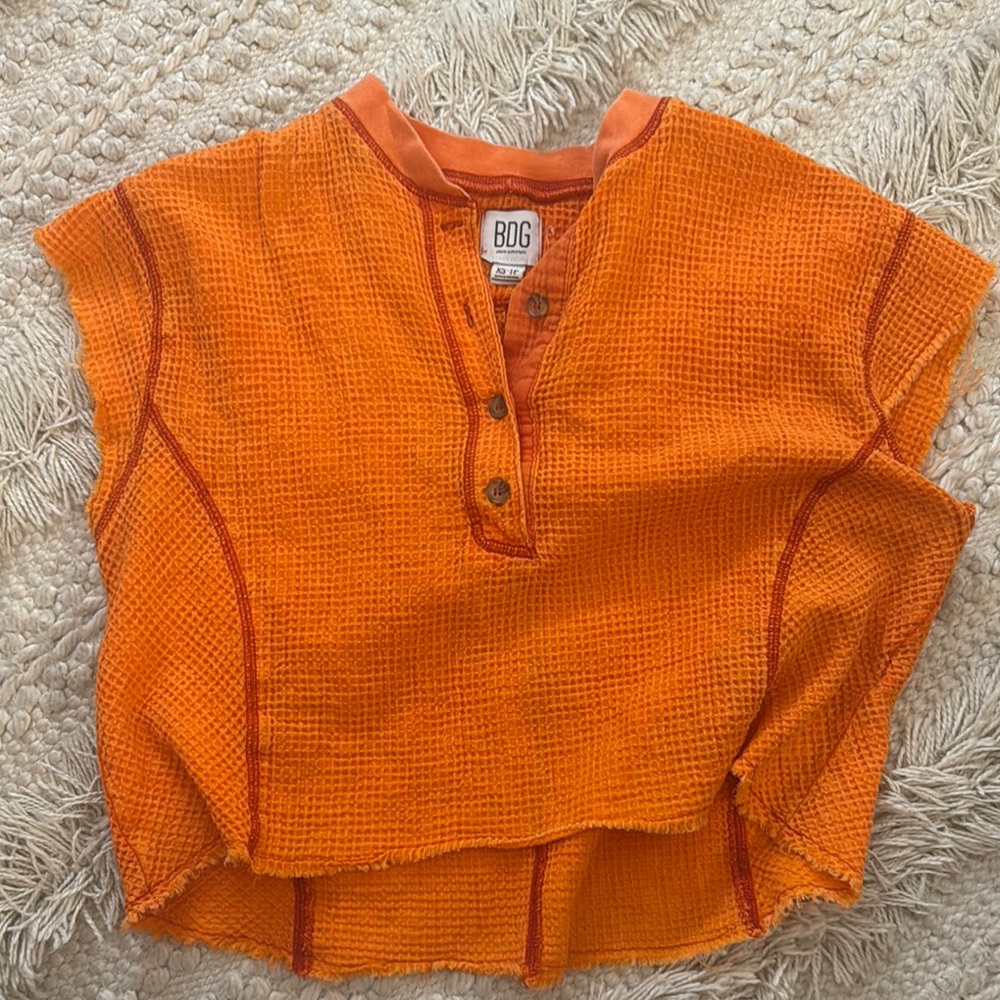 BDG Orange Button Down Shirt Waffle Knit